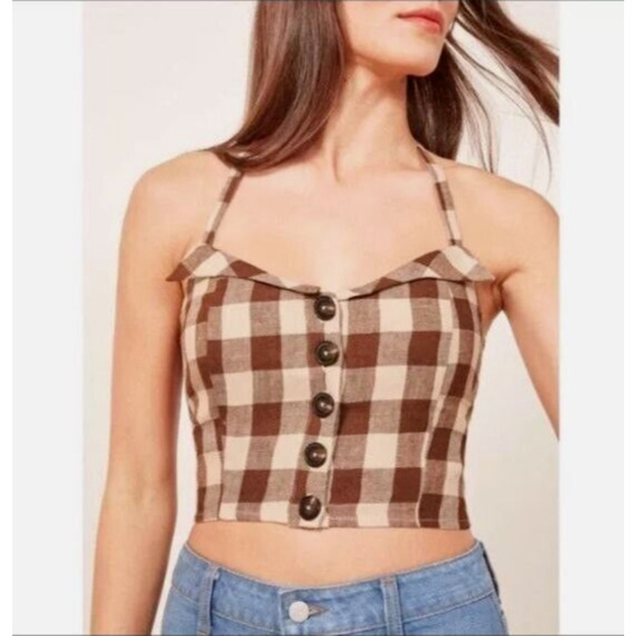 Reformation Women Connie Gingham Havana Halter Top PLAID SIZE 0 A000039 - Picture 2 of 11